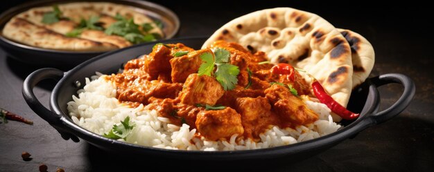 tikka masala pikantne curry mięso jedzenie masło kurczak z chlebem na ciemnym tle Generative ai