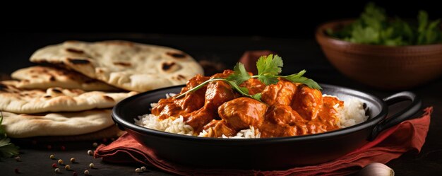 tikka masala pikantne curry mięso jedzenie masło kurczak z chlebem na ciemnym tle Generative ai