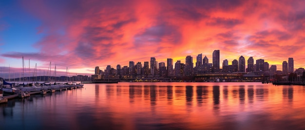 Zdjęcie timelapse zachodu słońca z dnia na noc w panoramie miasta w porcie