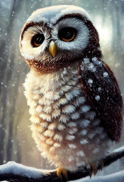 Tiny Cute Owl w śniegu ilustracja słodkiej sowy w świątecznym krajobrazie