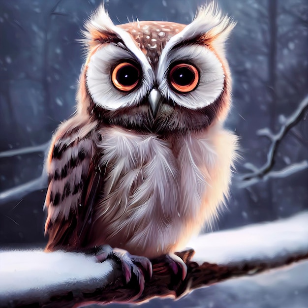 Tiny Cute Owl w śniegu ilustracja słodkiej sowy w świątecznym krajobrazie