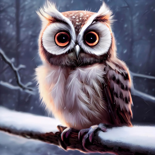 Tiny Cute Owl w śniegu ilustracja słodkiej sowy w świątecznym krajobrazie