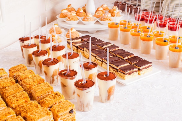 Tiramisu panna cotta czekoladowe desery i ciasta na stole cateringowym Smaczny tort miodowy na słodkim stole Stół deserowy na przyjęcie