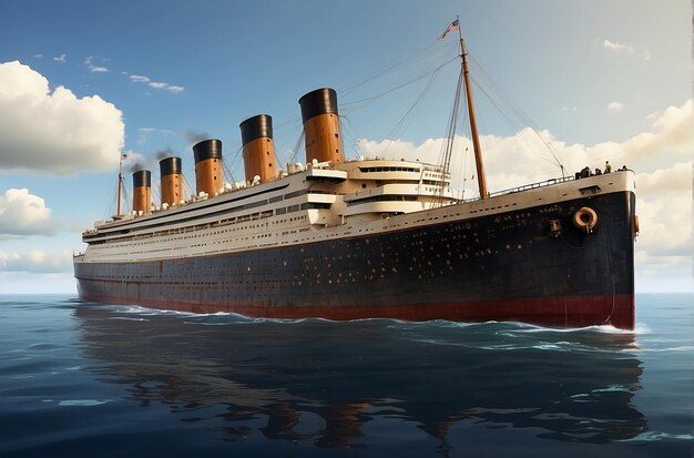 Titanik pływający po oceanie w zmierzchu z gwiazdami i chmurami na niebie