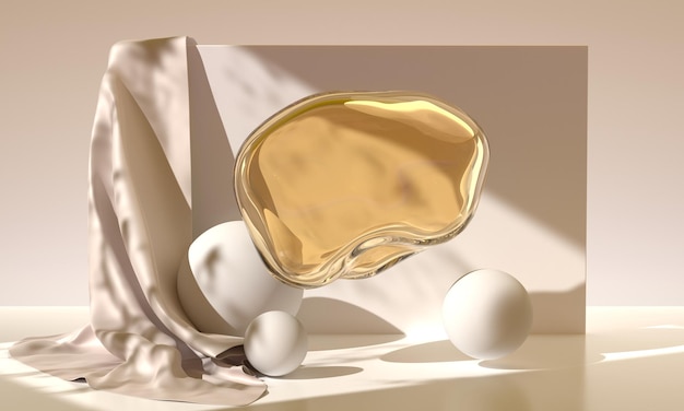 Tło 3D złota plama serum kropli oleju lub esencji kolagenu bąbelkowego z geometrycznymi białymi kulkami i luksusową jedwabną tkaniną na beżowym tle do wyświetlania makiety produktu kosmetycznego