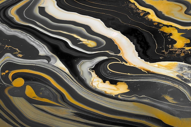 Tło abstrakcyjne z płynną marmurową czarno-złotą teksturą Wspaniała ilustracja 3D luksusowa abstrakcyjna grafika w technice atramentu alkoholowego Błyszczący wzór wirowej złotej fali na czarnym tle