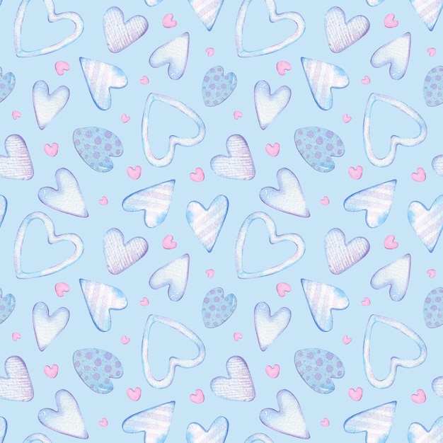 Tło akwarela serca Handdrawn Walentynki niebieski wzór Słodkie serca ilustracja