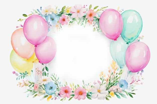 Tło akwareli ślubnej lub urodzinowej z balonami i kwiatami