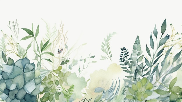 Tło akwarelowe z zielonymi liśćmi i gałęziami ręcznie rysowane ilustracji wektorowych generatywnej AI
