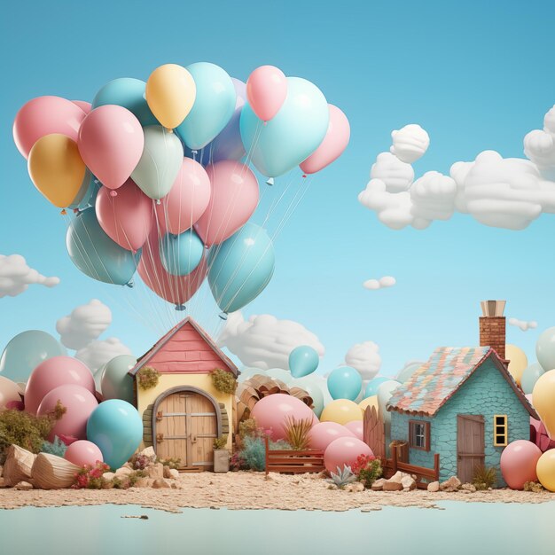 Tło balonowe z farmą i balonami w stylu pastelowych kolorów