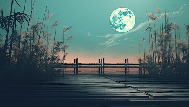 tło bambusowego mostu i księżyca w stylu minimalnej retuchy