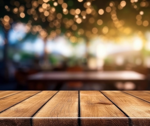 Tło bokeh światło z pustą drewnianą stołową perspektywą przy kawiarniami