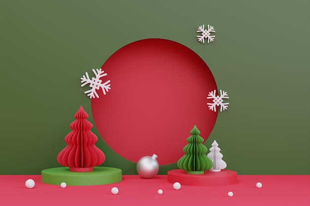 Tło bożonarodzeniowe i noworoczne z dekoracją choinki sosnowej do wyświetlania produktów bożonarodzeniowych z przestrzenią do kopiowania renderowania 3d