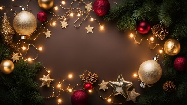 Tło bożonarodzeniowe z gałęziami jodły i dekoracjami świątecznymi Widok z góry z miejsca na kopię