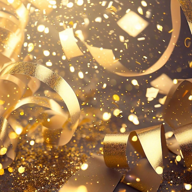Tło celebracja złotego konfetti i tekstura błyszczący złoty brokat