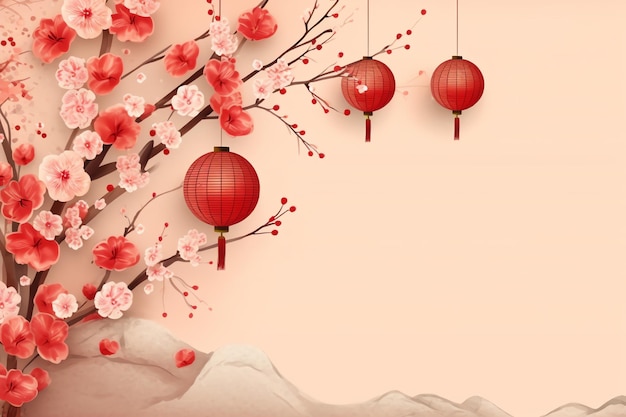 Tło chińskiego nowego roku z tradycyjnymi latarniami, kwiatami sakury i przestrzenią do kopiowania Księżycowy nowy rok