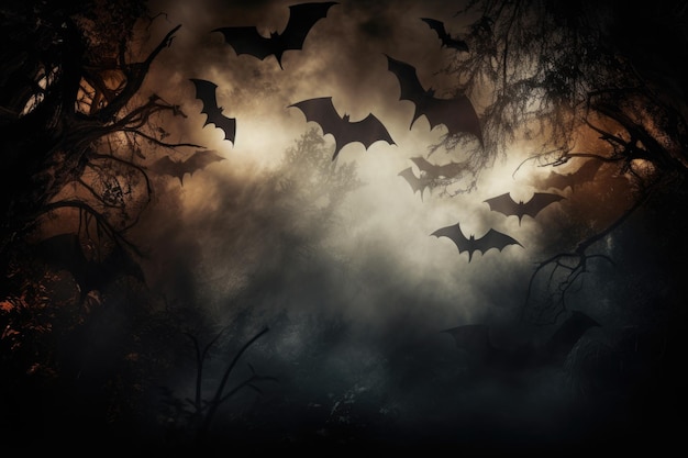 Tło ciemnego lasu z nietoperzami i magią Halloween Skopiuj miejsce na tekst Szeroki ekran