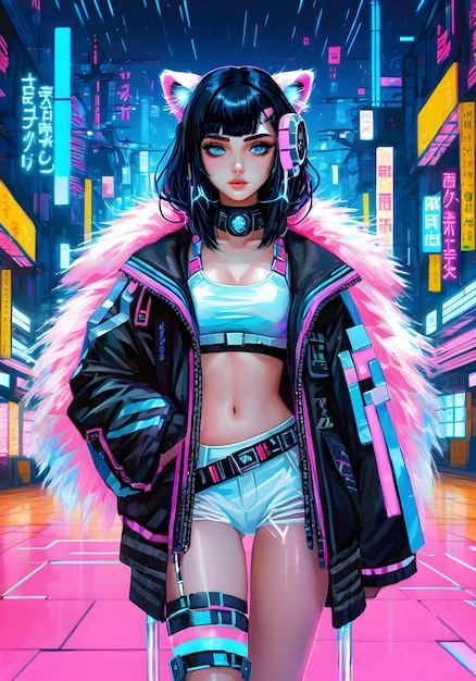 tło cyberpunk z różowymi i niebieskimi światłami GIRL