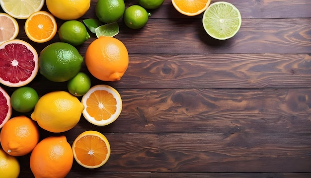 Tło cytrusowe Świeże cytrusy Cytryny pomarańcze cytryny grejpfruty na drewnianym tle