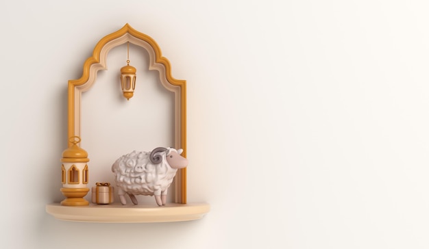 Tło dekoracji eid al adha z kozią owcą arabską latarnią meczetu w pudełku prezentowym
