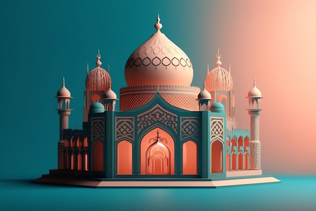 Tło dekoracji islamu z pięknym meczetem w stylu kreskówki ramadan kareem mawlid iftar isra miraj eid al fitr adha muharram kopia przestrzeń tekst obszar ilustracja 3D