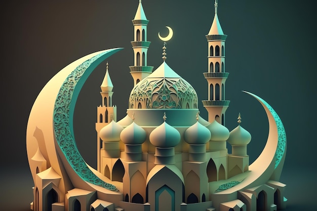 Tło dekoracji islamu z pięknym meczetem w stylu kreskówki ramadan kareem mawlid iftar isra miraj eid al fitr adha muharram kopia przestrzeń tekst obszar ilustracja 3D