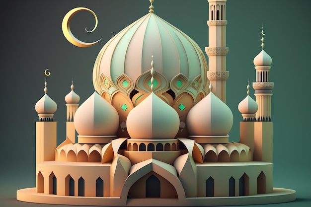 Tło dekoracji islamu z pięknym meczetem w stylu kreskówki ramadan kareem mawlid iftar isra miraj eid al fitr adha muharram kopia przestrzeń tekst obszar ilustracja 3D