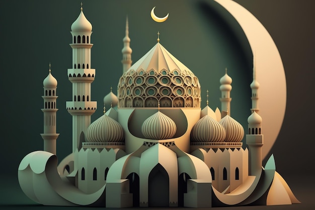 Tło dekoracji islamu z pięknym meczetem w stylu kreskówki ramadan kareem mawlid iftar isra miraj eid al fitr adha muharram kopia przestrzeń tekst obszar ilustracja 3D