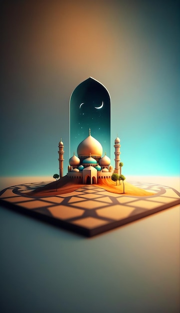 Tło dekoracji islamu z pięknym meczetem w stylu kreskówki ramadan kareem mawlid iftar isra miraj eid al fitr adha muharram kopia przestrzeń tekst obszar ilustracja 3D