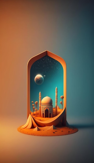 Tło dekoracji islamu z pięknym meczetem w stylu kreskówki ramadan kareem mawlid iftar isra miraj eid al fitr adha muharram kopia przestrzeń tekst obszar ilustracja 3D