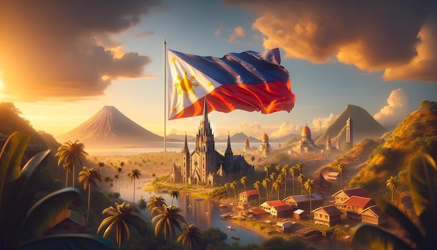 Zdjęcie tło dnia niepodległości filipin z machającą filipińską flagą i ikonicznymi symbolami