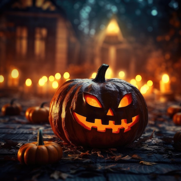 Tło dyni Halloween Pomarańczowa świecąca dynia ze świecami i liśćmi w ciemnym, mistycznym domu