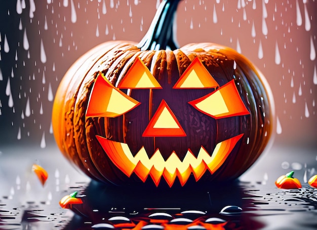 Zdjęcie tło dyni halloween z kolorowym deszczem zawierającym dym