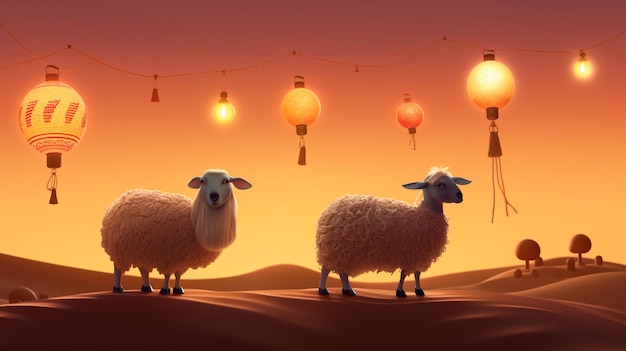 Tło eid al adha ramadan z arabskimi lampionami z meczetem i generatywną ai owiec