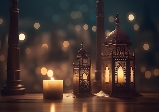 Tło Eid zapalona latarnia i świeca na stole