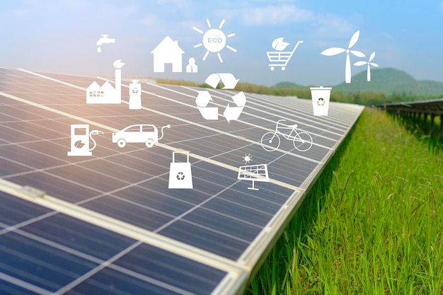 Tło farmy ogniw fotowoltaicznych lub paneli słonecznych Pole przyjazna dla środowiska i czysta energia