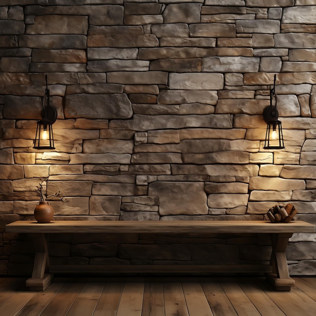 Tło Faux Stone Wall With Wall Mounted Lanterns Rustic and Warm L kreatywne popularne materiały