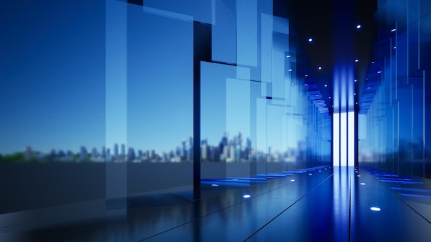 Tło firmy niebieskie szklane panele wzdłuż rozszerzonej ilustracji 3D korytarza