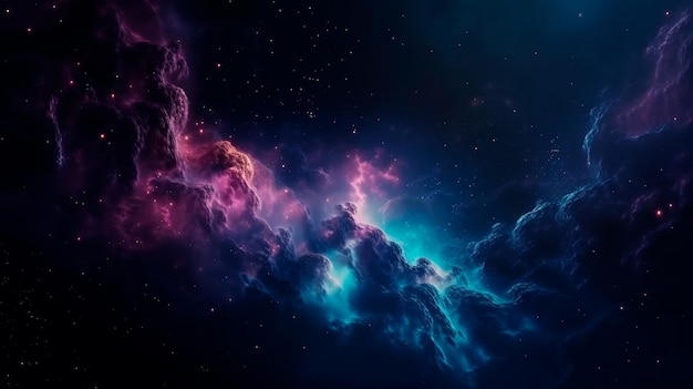 Tło galaktyki mgławicy z fioletowymi niebieskimi kosmicznymi chmurami kosmosu i pięknymi nocnymi gwiazdami wszechświata Generacyjna sztuczna inteligencja