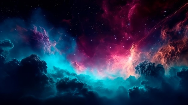 Tło galaktyki mgławicy z fioletowymi niebieskimi kosmicznymi chmurami kosmosu i pięknymi nocnymi gwiazdami wszechświata Generacyjna sztuczna inteligencja