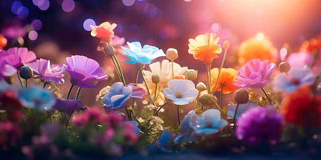 tło gradientowe, które odzwierciedla kolory i przejścia widoczne w kwitnącym ogrodzie wypełnionym różnorodnymi i żywymi kwiatami