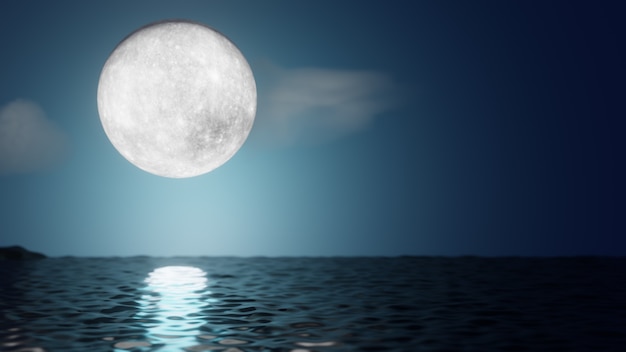 Tło graficzne Halloween. Duży księżyc w pełni na niebieskim niebie z odbiciem morza i chmury. renderowanie ilustracji 3d