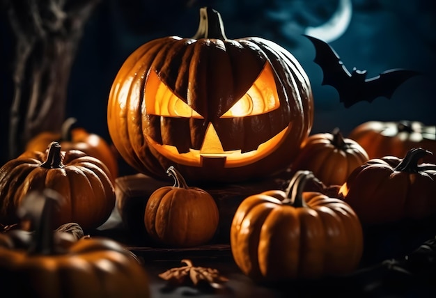 Zdjęcie tło granicy halloween z przerażającymi dyniami na zamku księżycowym