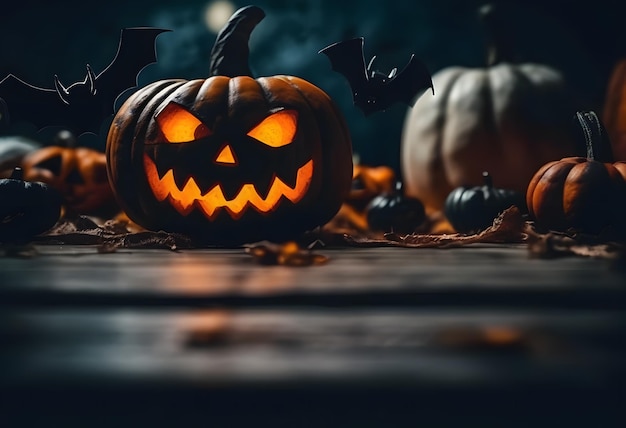 Zdjęcie tło granicy halloween z przerażającymi dyniami na zamku księżycowym