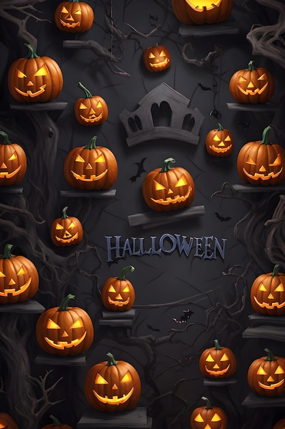 Tło Halloween świecące dynie Straszne drzewa iskry ognia