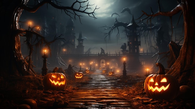 Tło Halloween Upiorna dynia z księżycem i ciemnym lasem Halloweenowy projekt z miejsca na kopię