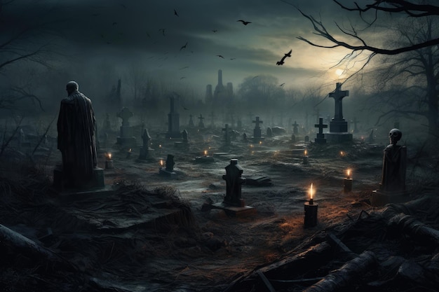 Tło Halloween z ciemnym i przerażającym cmentarzem Generacyjna sztuczna inteligencja