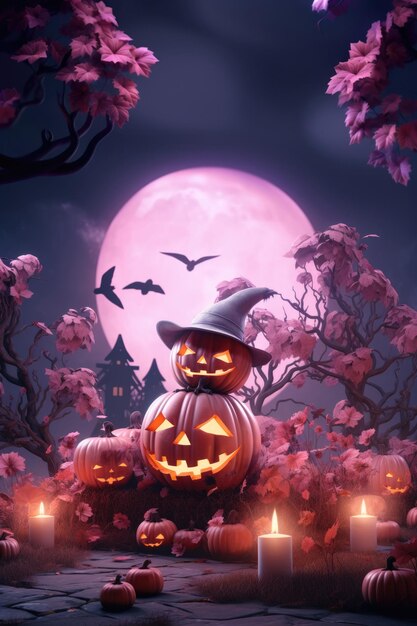 Tło Halloween z dynią w różowym kapeluszu Generacyjna AI