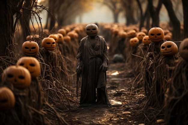 Tło Halloween z dyniami i postacią horroru