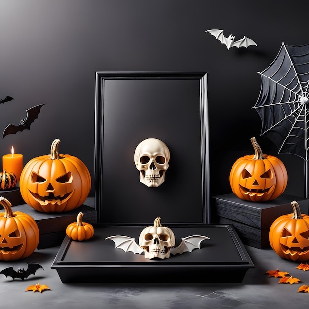 Tło Halloween z dyniami, pająkami, nietoperzami i czarną ramką